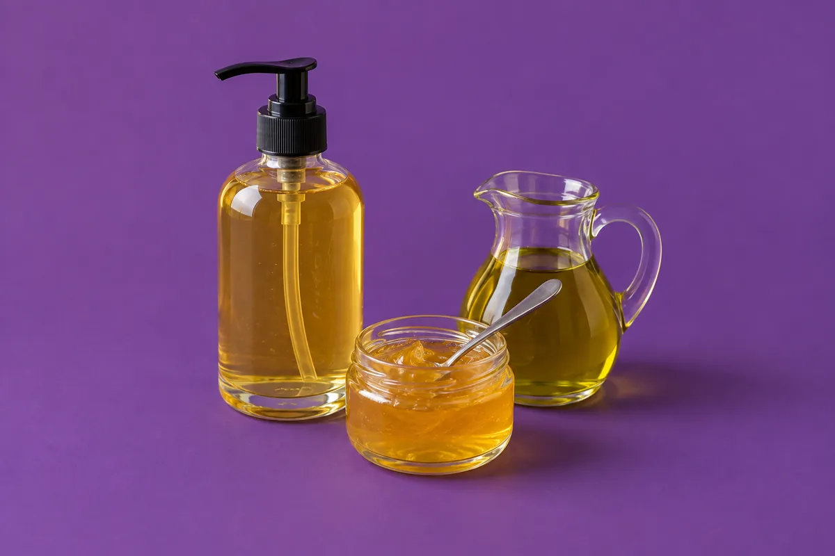 A glass pump bottle of clear golden liquid castile soap beside a jar of translucent amber soap paste and a small jug of olive oil on a purple backdrop