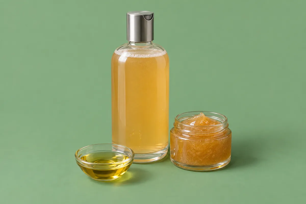 Een glazen knijpfles met licht troebele, bleek amberkleurige vloeibare shampoo naast een pot doorschijnende zeeppasta en een schaaltje goudkleurige avocado-olie op een saliegroene achtergrond