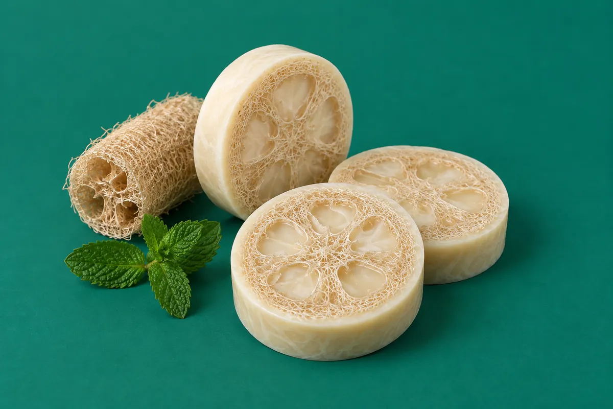 Three round cream soap bars with a lacy tan loofah slice filling each one beside a length of dried loofah and a sprig of mint on a deep teal backdrop