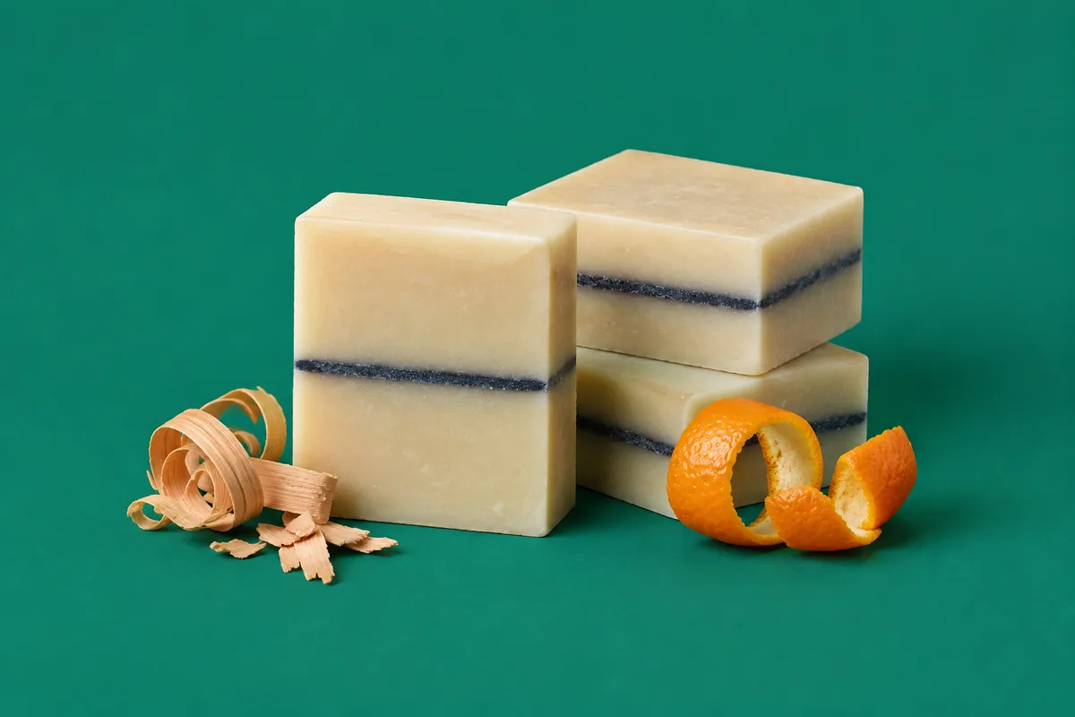 Three cream soap bars, each with a thin black charcoal line across its cut face, beside cedar shavings and a twist of orange peel on a deep green backdrop
