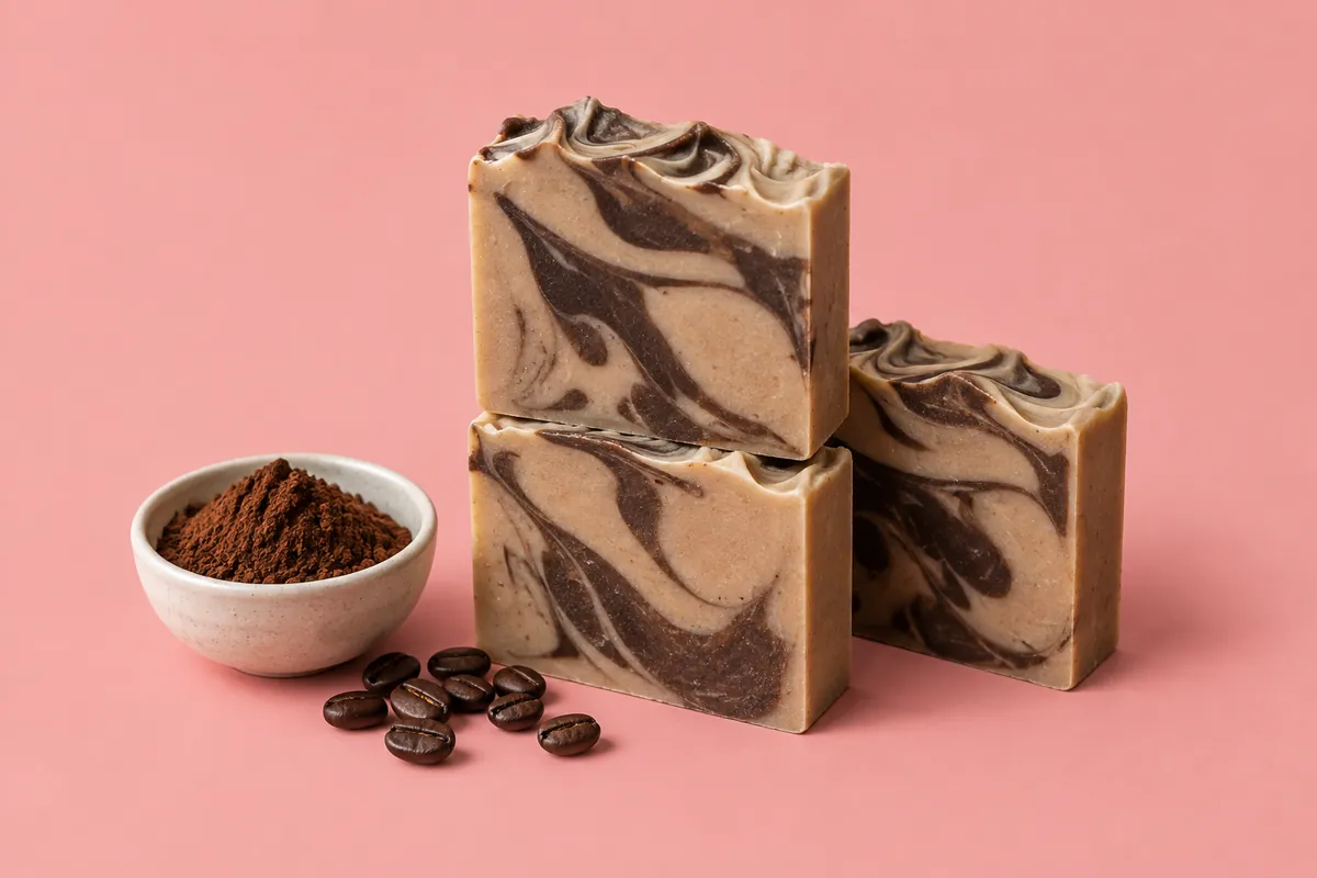 Pale tan coffee soap bars swirled with dark cocoa brown beside a dish of cocoa powder and a few coffee beans on a soft pink backdrop