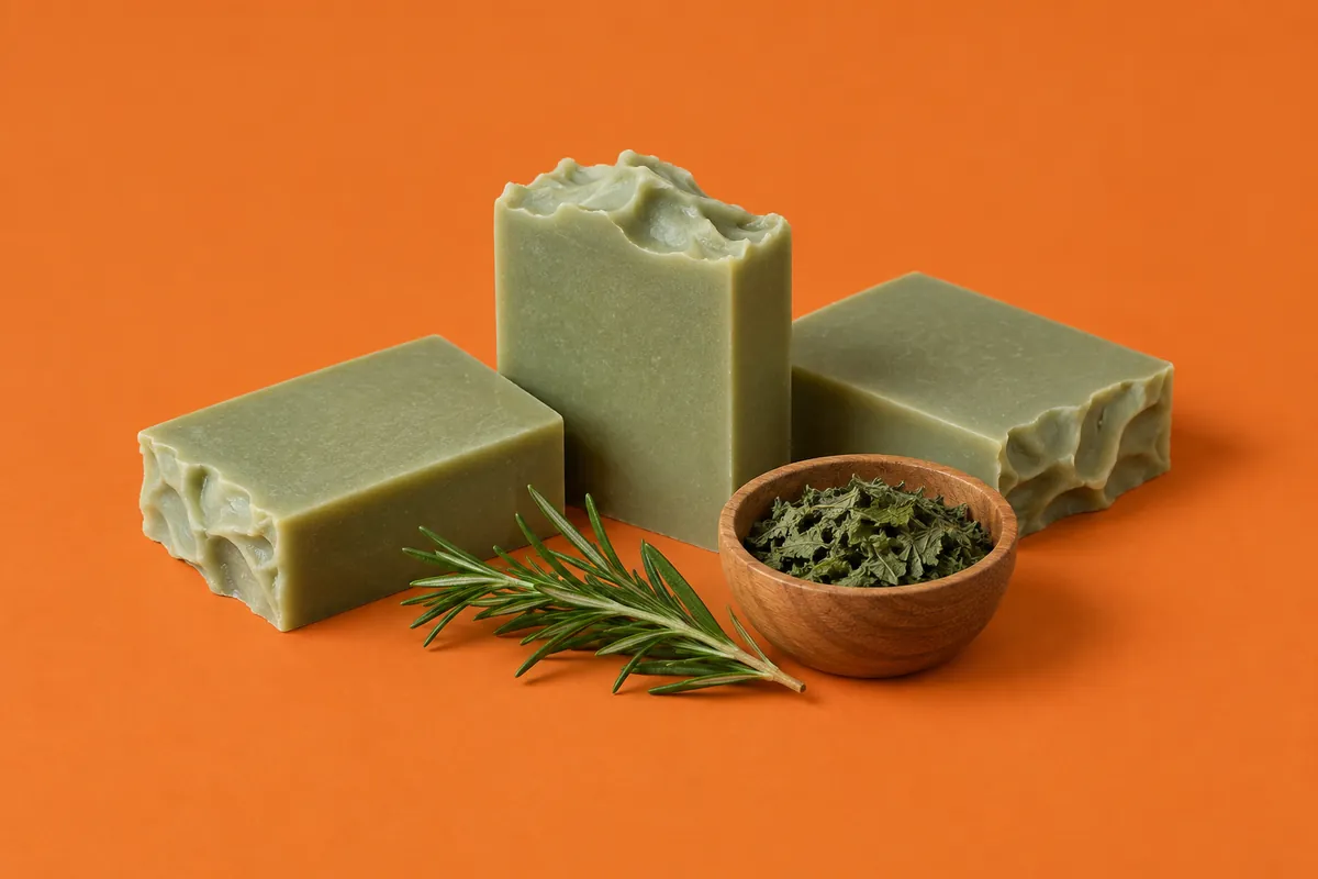 Trzy kostki mydła w delikatnym oliwkowozielonym kolorze obok miseczki suszonych liści pokrzywy i gałązki rozmarynu na pomarańczowym tle