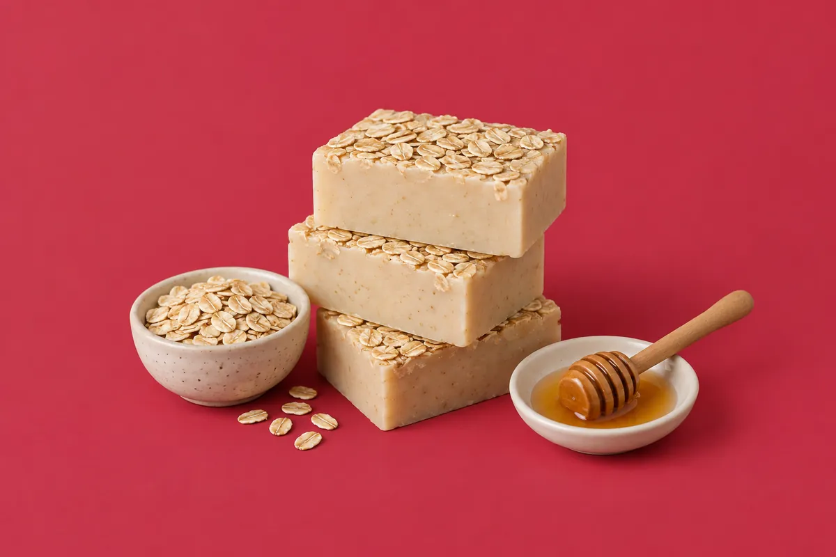 Warmbeige stukken havermout-melkzeep met havervlokken in de bovenkant gedrukt, naast een schaaltje havervlokken en een honinglepel tegen een diep rozerode achtergrond