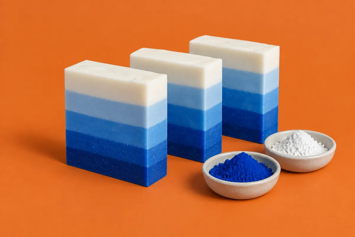 Stukken zeep met vijf horizontale banden die verlopen van diepblauw onderaan naar wit bovenaan, tegen een oranje achtergrond