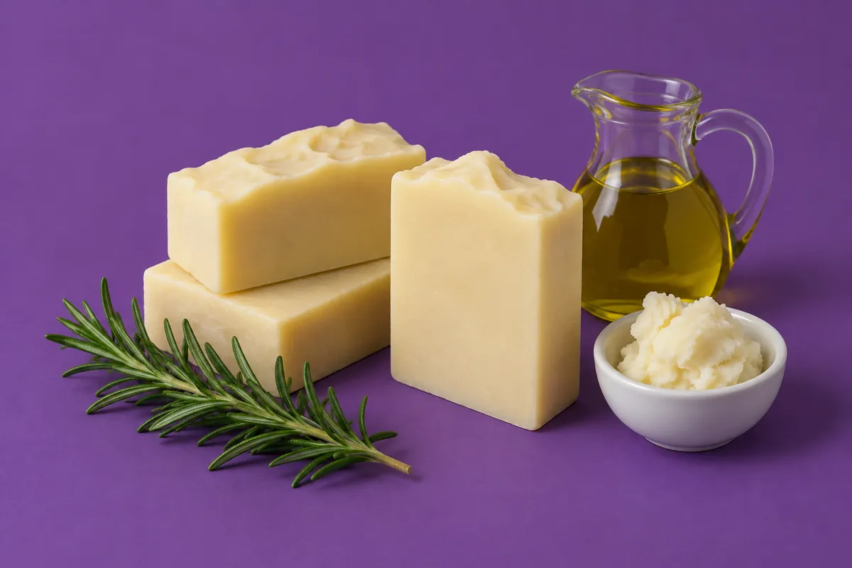 Trzy kremowe kostki mydła bez oleju palmowego w kolorze kości słoniowej obok małego dzbanuszka oliwy, miseczki masła shea i gałązki rozmarynu na fioletowym tle