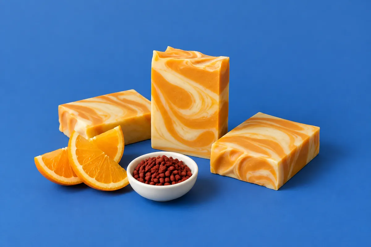 Drie stukken crèmekleurige zeep met een warme oranje swirl van annatto, naast twee sinaasappelschijfjes en een schaaltje annattozaad tegen een blauwe achtergrond