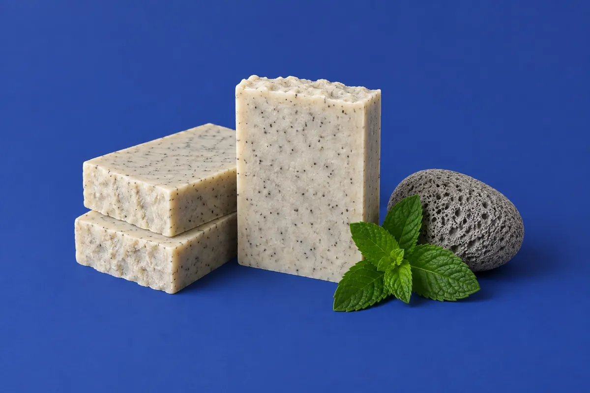 Drie crèmekleurige stukken zeep gespikkeld met grijs puimsteen naast een kleine puimsteen en een takje verse pepermunt tegen een donkerblauwe achtergrond