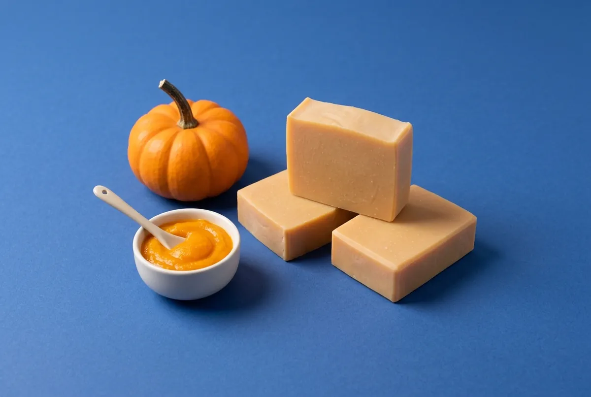 Licht abrikooskleurige stukken pompoenzeep naast een kleine pompoen en een kom pompoenpuree tegen een kobaltblauwe achtergrond