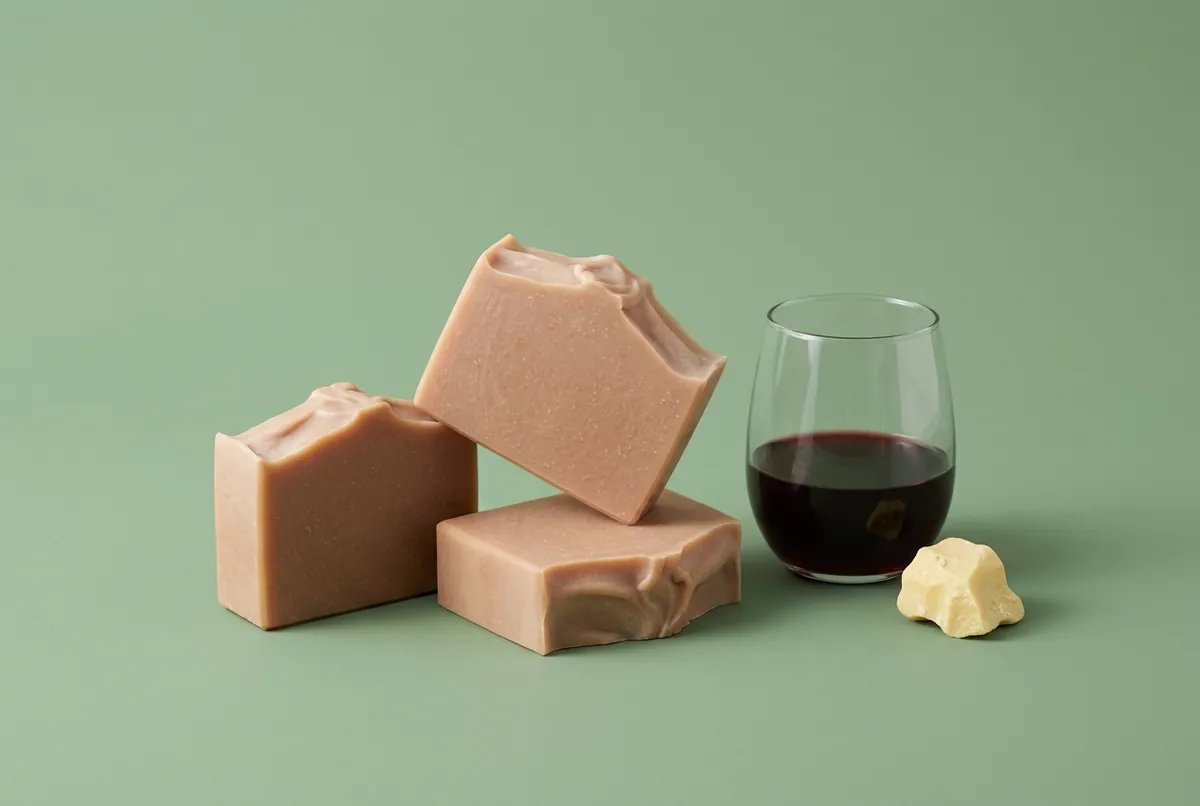 Warm tan red wine soap bars with a swirled top beside a glass of red wine and a chunk of cocoa butter on a sage green backdrop