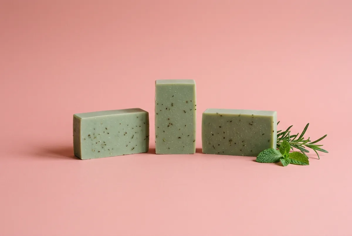 Three soft green bars of soap flecked with dark mint leaf beside a sprig of rosemary and a few mint leaves on a pink backdrop