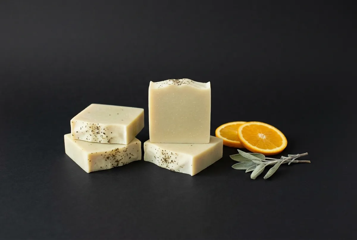 Three creamy bars of soap with fine sage flecks beside two slices of orange and a sprig of dried sage on a black backdrop