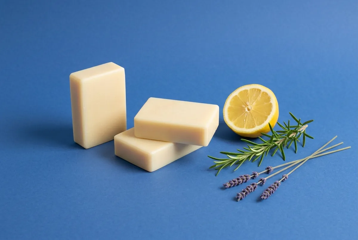 Drie lichte crèmekleurige shampoobars van zeep naast een halve citroen, een takje rozemarijn en een paar lavendelstengels tegen een kobaltblauwe achtergrond