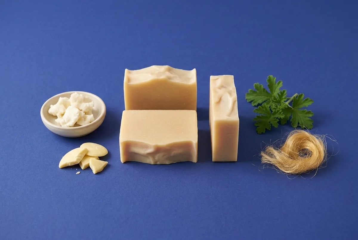 Drie crèmebeige stukken zeep naast schijfjes cacaoboter, een schaaltje sheaboter, rozengeraniumblaadjes en een plukje zijde tegen een diepblauwe achtergrond