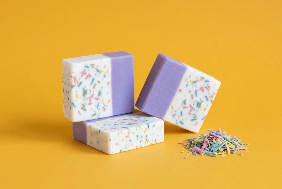 Soap bars cut from a loaf, each two thirds white flecked with multicoloured confetti shreds and one third soft violet, beside a small heap of grated soap on a yellow backdrop