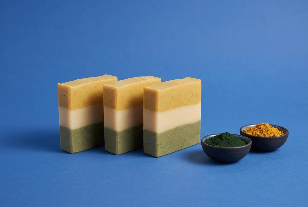 三層の石けん。下がオリーブグリーン、中がクリーム色、上がくすんだマスタードゴールド。背景は青