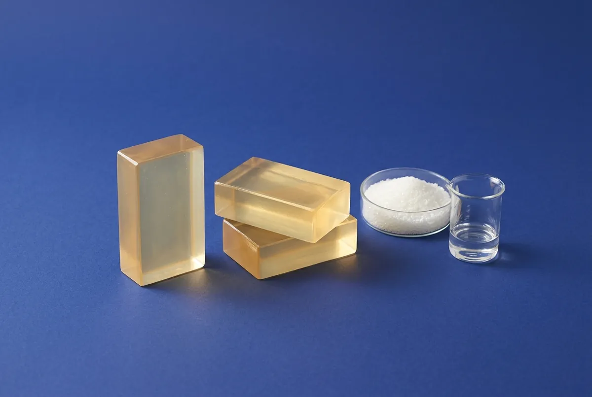 Three glass-clear, pale honey-gold transparent soap bars beside a dish of sugar and a small beaker of glycerin on a deep blue backdrop