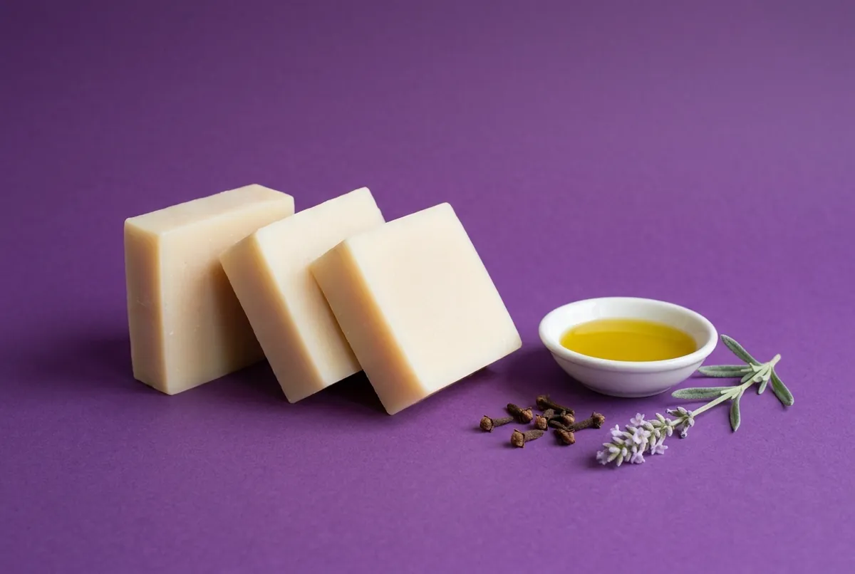 Licht crèmekleurige stukken olijfzeep naast een schaaltje olijfolie, een paar hele kruidnagels en een takje lavendel tegen een paarse achtergrond