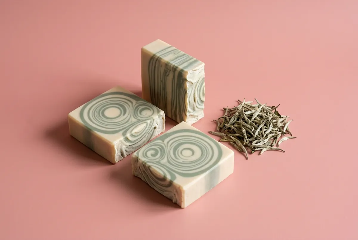 上面にクリーム色とやわらかなセージグリーンの細かい同心円の輪が見える、クリーム色の角形の石けんと、白茶の茶葉の小さな山。背景はピンク
