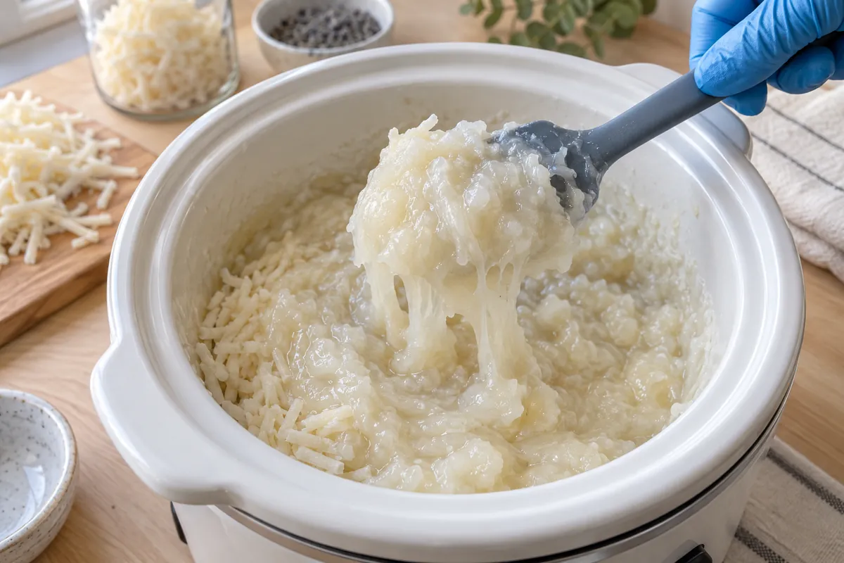 A slow cooker of grated soap melted into a thick, glossy, partly translucent mash, lifted on a spatula by a gloved hand