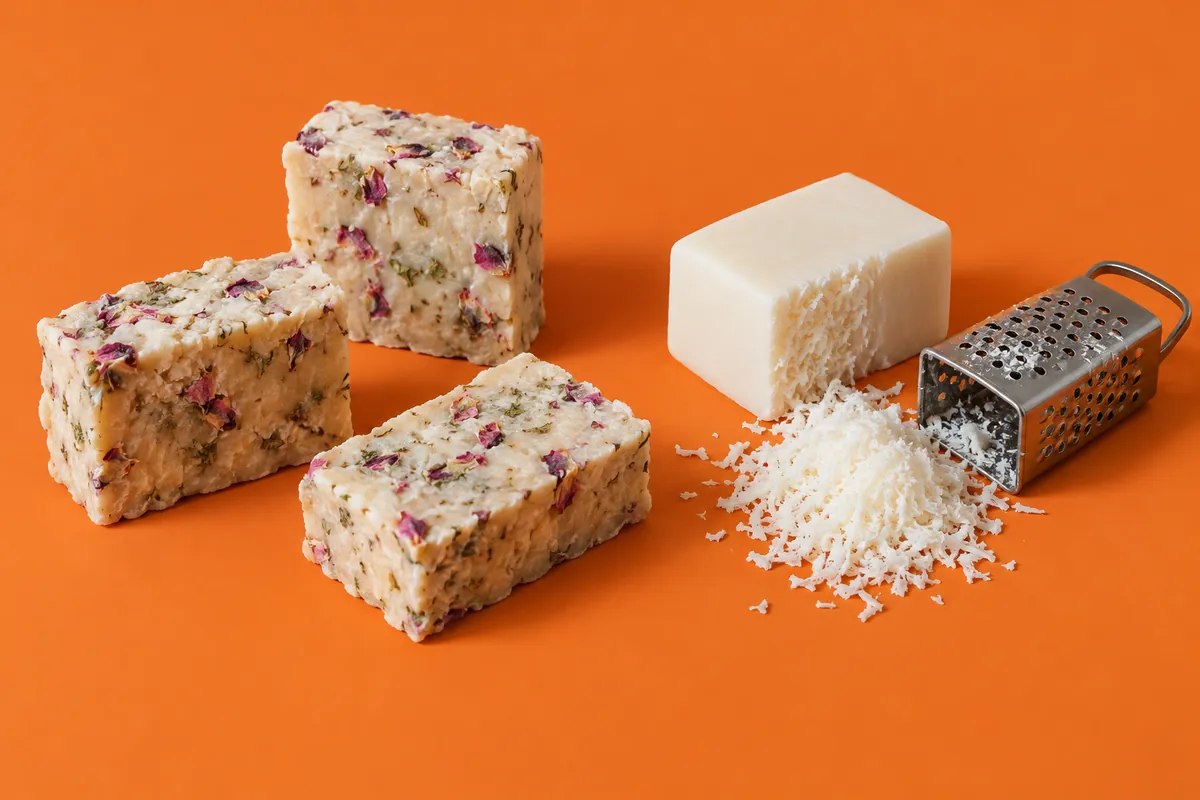 Three rustic rebatched soap bars flecked with rose petals and herbs, a mound of grated soap and a part-grated white bar with a small grater on an orange backdrop