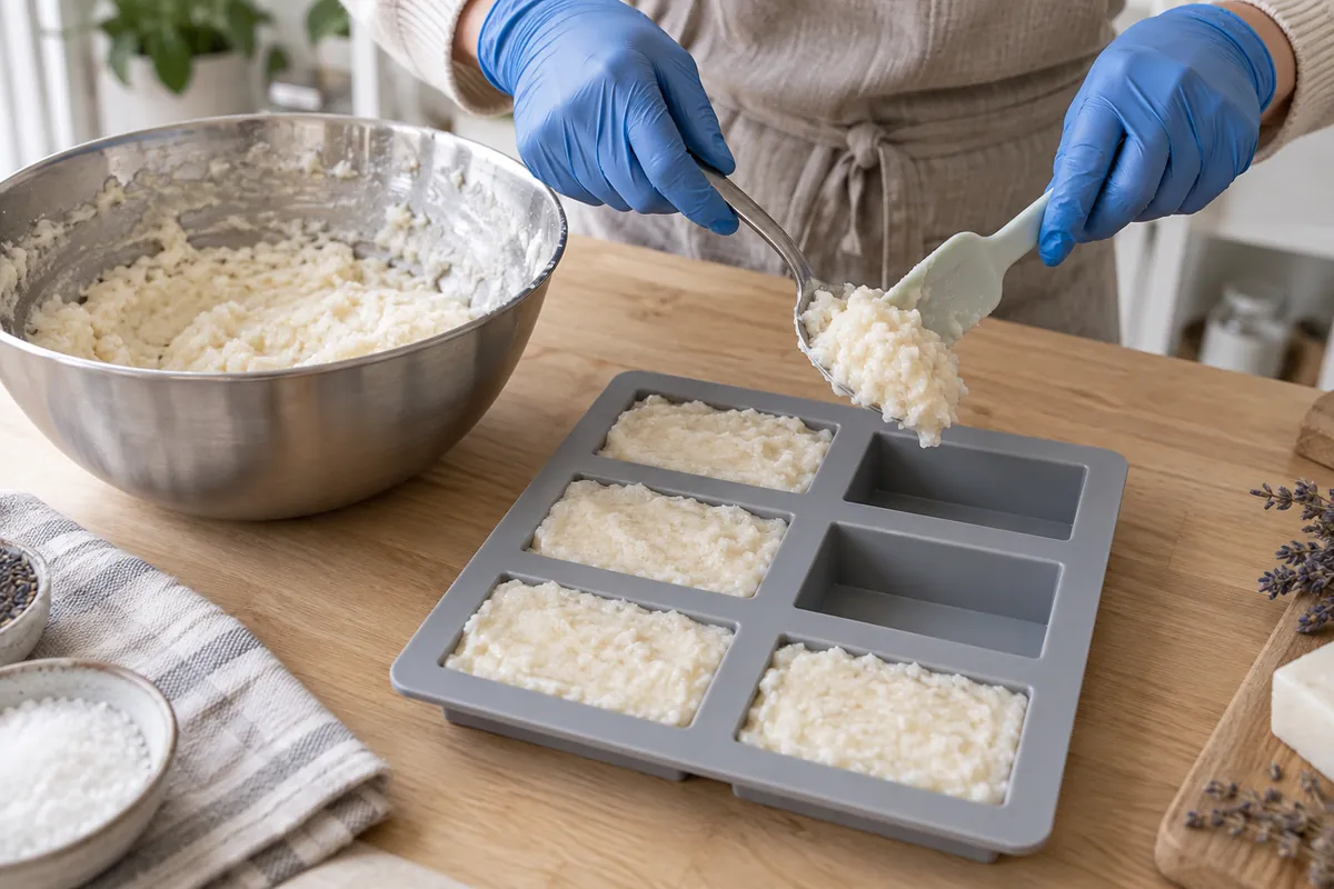 Thick, grainy salt bar batter pressed into four cavities of a six-cavity silicone mould, with the rest of the batter in a bowl behind