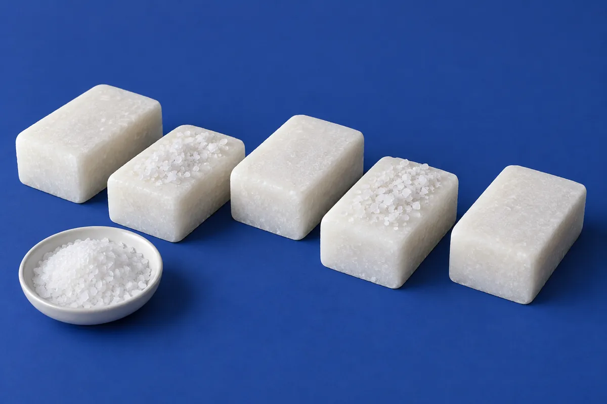 Smooth white salt soap bars from a cavity mould, two topped with coarse sea salt, beside a dish of fine salt on an indigo backdrop