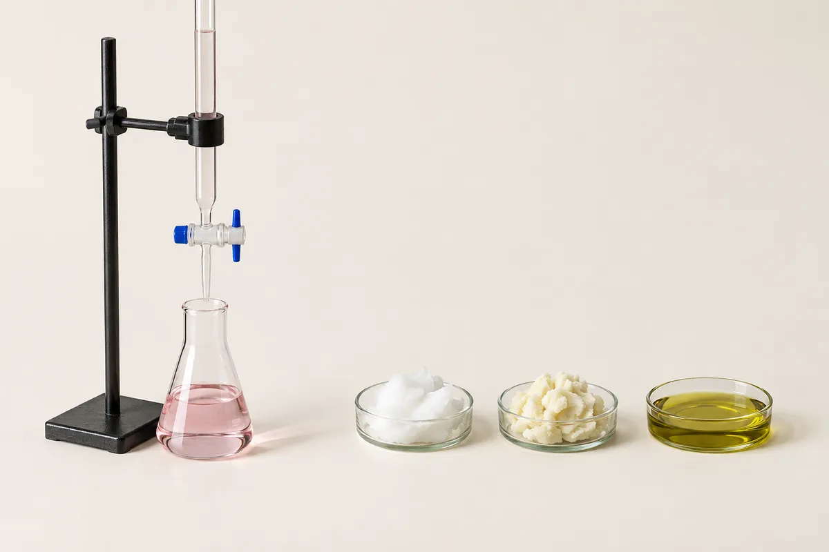 A glass burette above a conical flask of pale pink liquid, beside small dishes of coconut oil, shea butter and olive oil on a cream backdrop