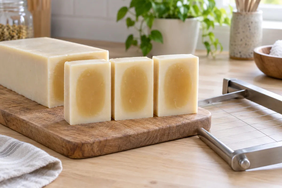 A cut bar of cold process soap with a darker, slightly translucent centre and a paler, opaque border