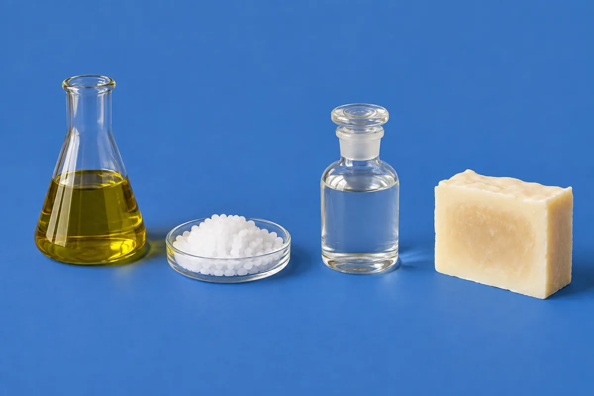 A glass flask of golden olive oil, a dish of white sodium hydroxide beads, a small bottle of clear glycerin and a cut bar of pale soap on a cobalt blue backdrop