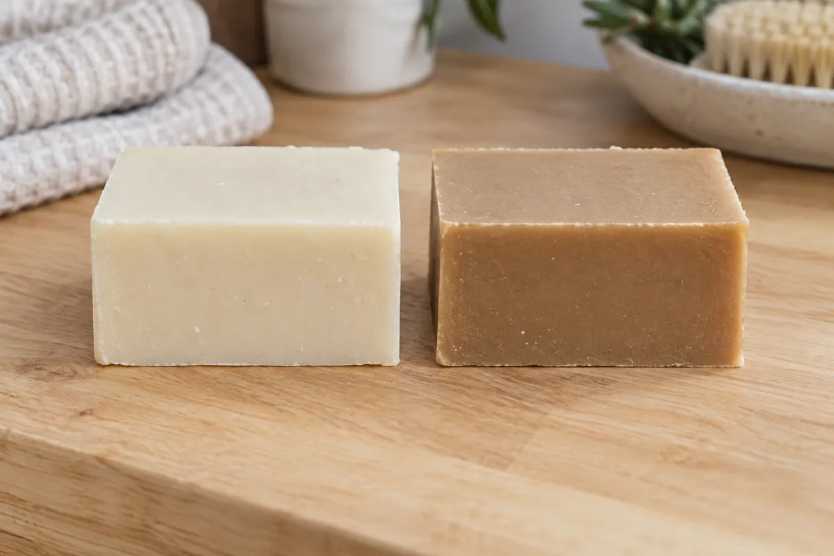 Two bars of cold process soap from the same loaf, one ivory and one tan-brown from vanillin
