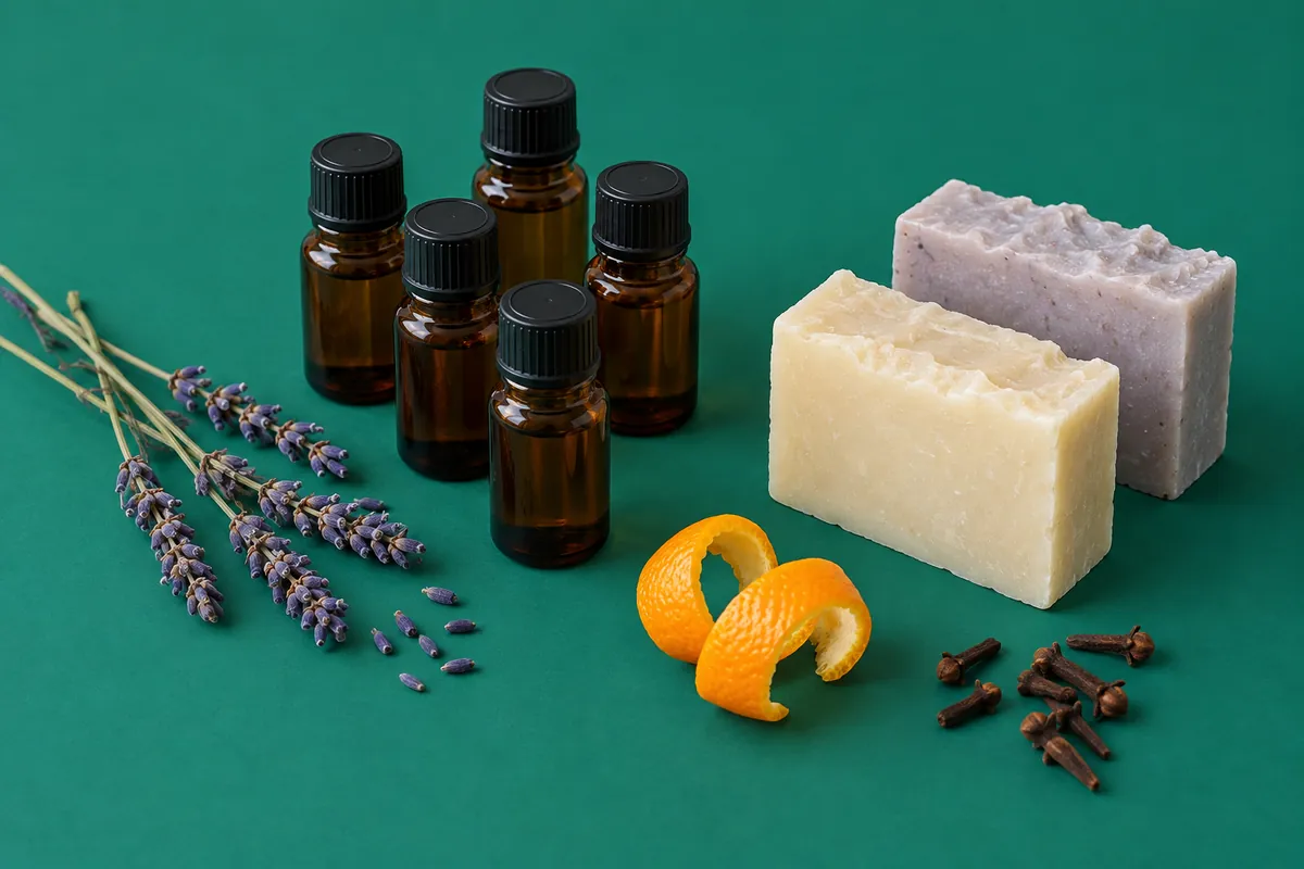 Five small amber glass bottles with dried lavender, orange peel, cloves and two cut soap bars on a deep teal backdrop