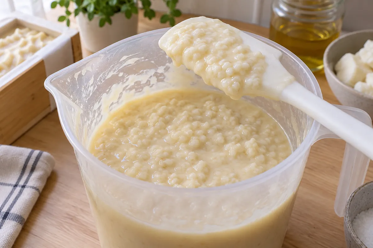 Pale soap batter in a clear jug, still fluid but full of small hard lumps like grains of rice