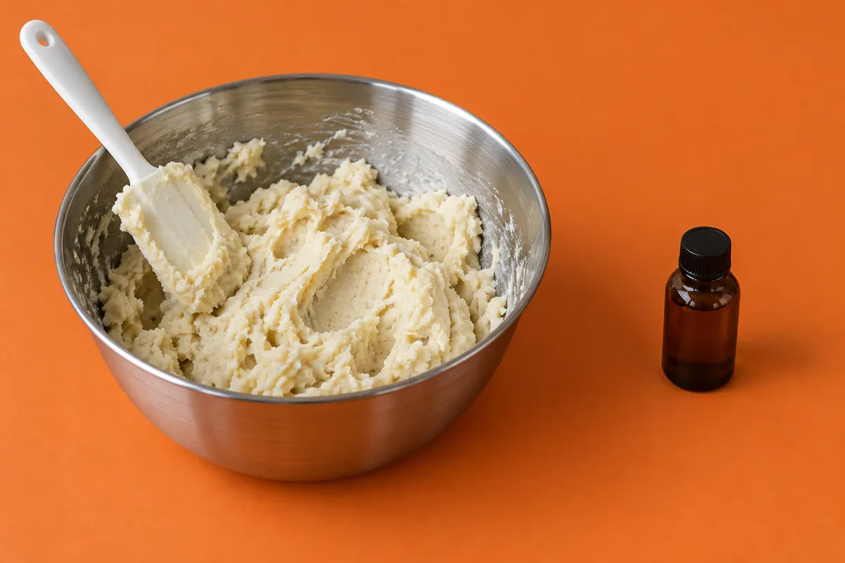 A stainless steel bowl of pale soap batter that has seized into a stiff, lumpy mass, with a silicone spatula and a small amber bottle, on an orange backdrop