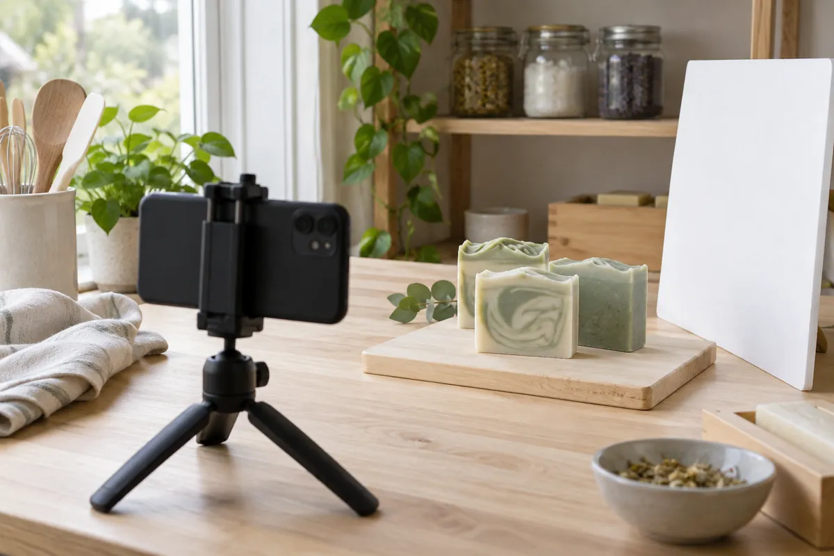 A phone on a small tripod photographing handmade soap bars on a wooden board beside a window, with a white card reflecting light into the shadows