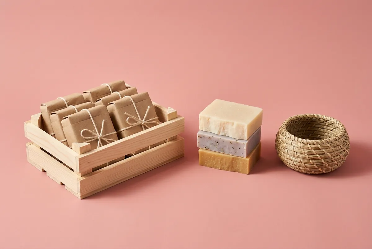 A small wooden crate of handmade soap bars wrapped in plain kraft paper and twine beside a stack of unwrapped bars and a woven basket, on a rose-clay pink backdrop