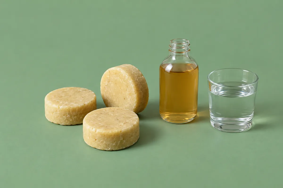 Round cream-coloured shampoo bars beside a small bottle of cider vinegar and a glass of water on a sage green backdrop