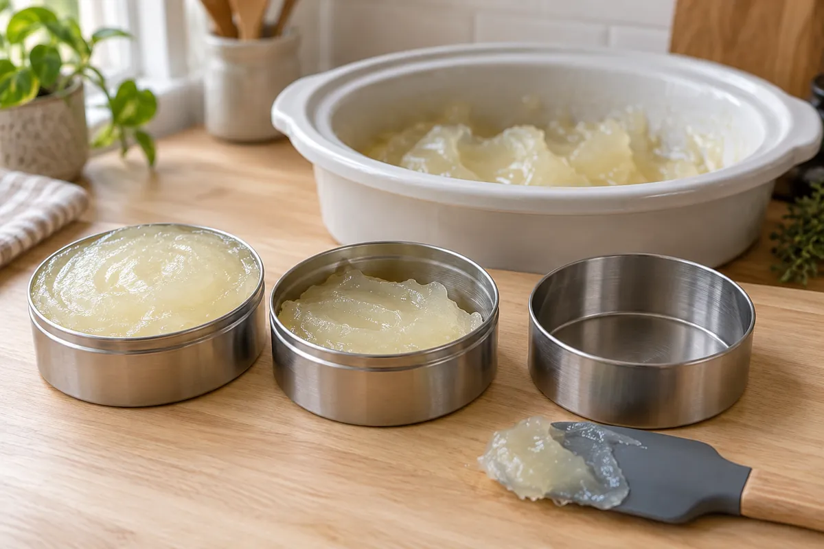 Tins being filled with pale, translucent hot process shaving soap, pressed down with a spatula, beside a slow cooker