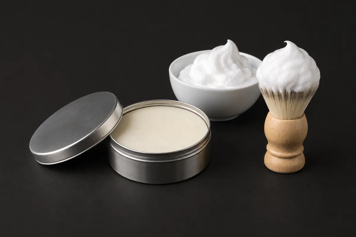 A pale shaving soap puck in a plain steel tin beside a shaving brush tipped with dense white lather on a charcoal backdrop