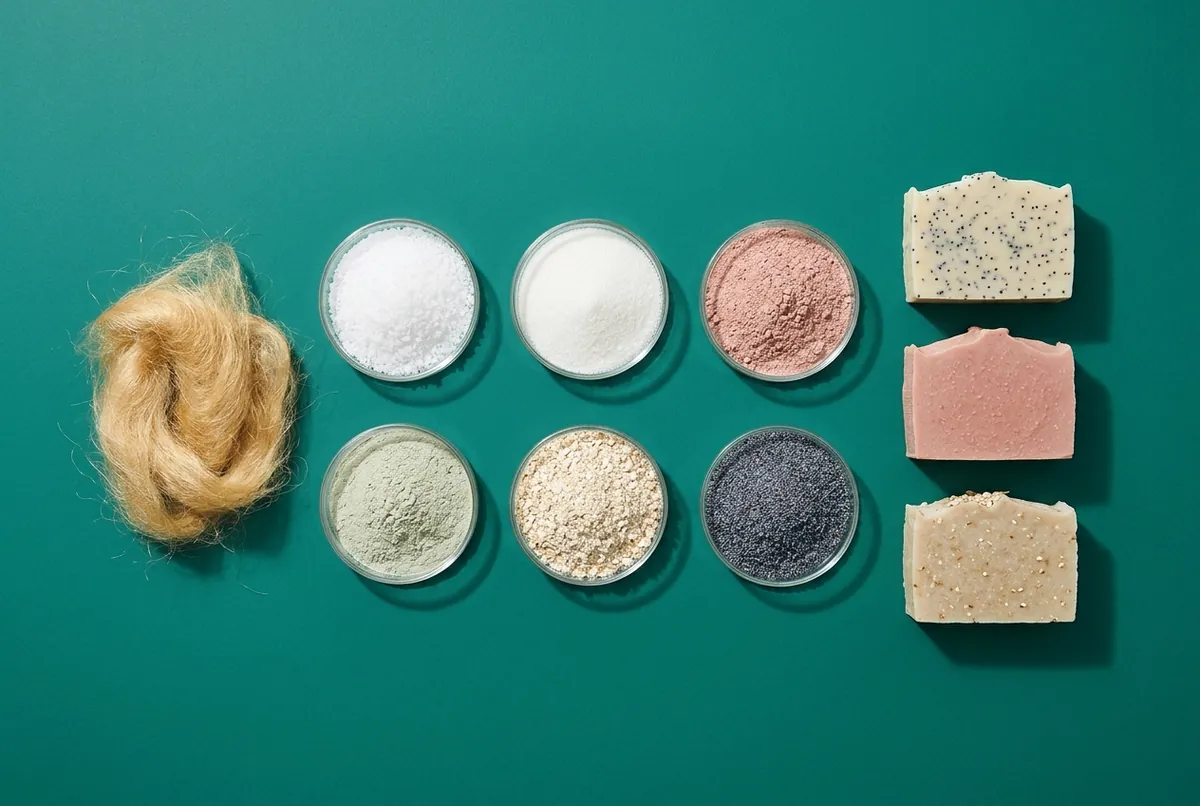 Small glass dishes of salt, sugar, pink and green clay, ground oats, poppy seeds and golden silk fibres beside cut soap bars on a deep teal backdrop