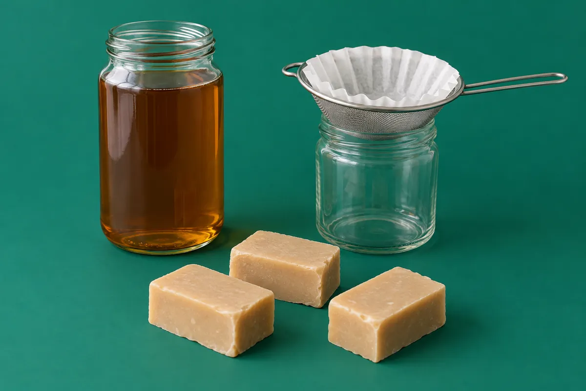 Strained used frying oil in a glass jar beside a fine sieve lined with a paper filter and three rough-cut bars of tan household soap on a dark green backdrop