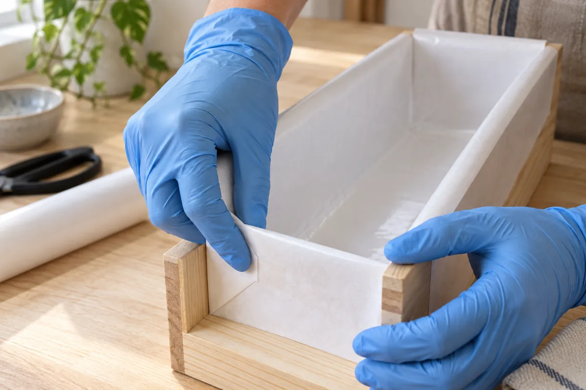 Gloved hands folding a sheet of white freezer paper into the corner of a wooden loaf mould, the coated side facing inward and the corner folded flat like wrapping a present
