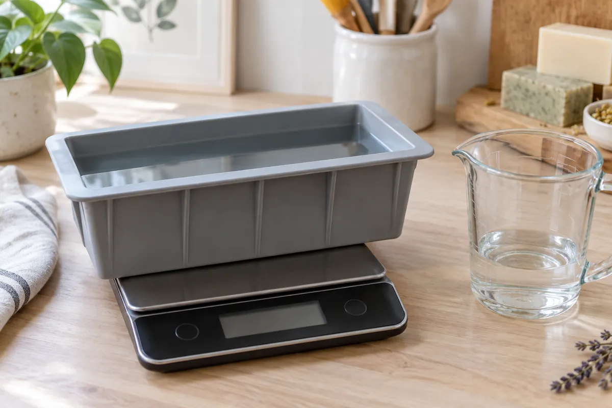 A silicone loaf mould filled with water to just below the rim, standing on a digital kitchen scale on a light wood worktop, with a jug of water beside it
