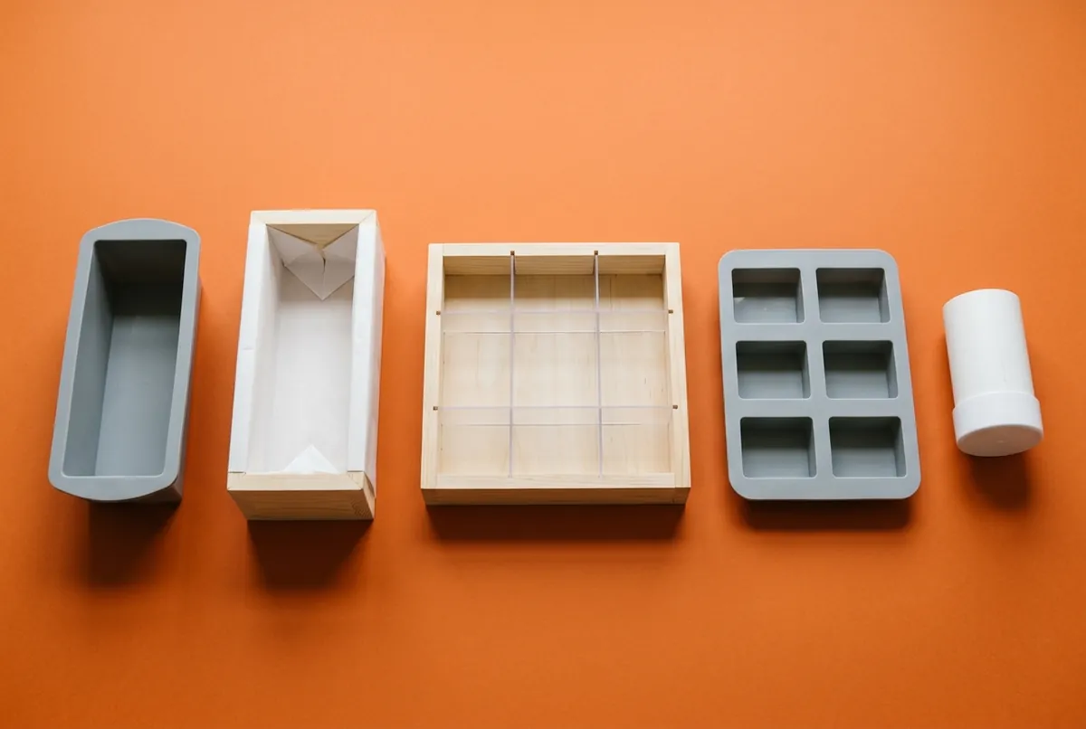A grey silicone loaf mould, a wooden loaf mould lined with white paper, a slab mould with dividers, a silicone cavity mould and a short plastic pipe on an orange backdrop