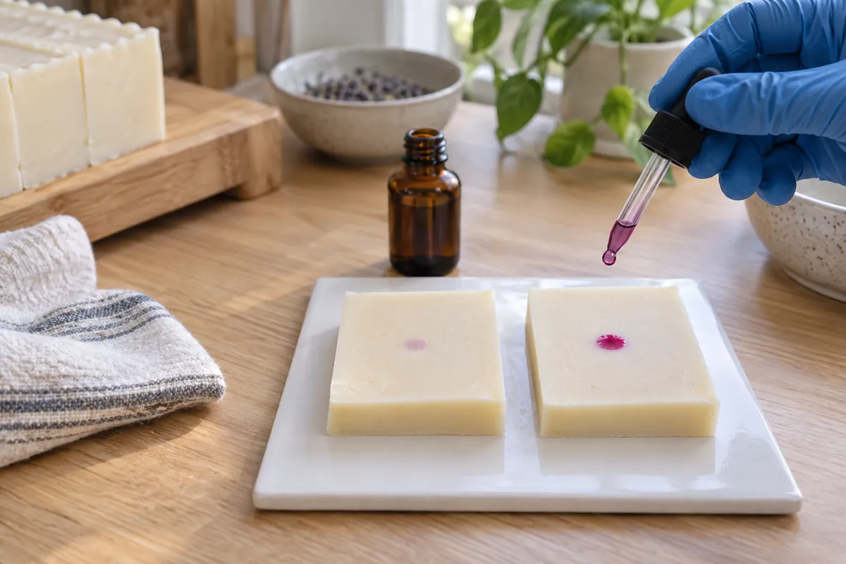 Two cut soap bars side by side, one with a faint pink drop of indicator and one with a vivid magenta spot