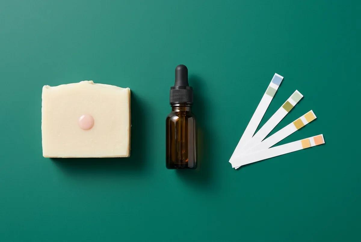 A cut bar of pale soap with a faint pink drop of indicator on its face, a small dropper bottle and a fan of pH test strips on a deep teal backdrop