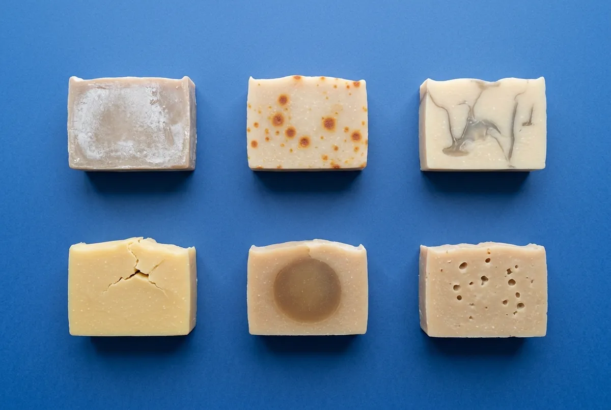 Six cut bars of handmade soap on a blue backdrop, each with a different fault: white ash, orange spots, translucent veins, a cracked top, a dark centre and small air holes