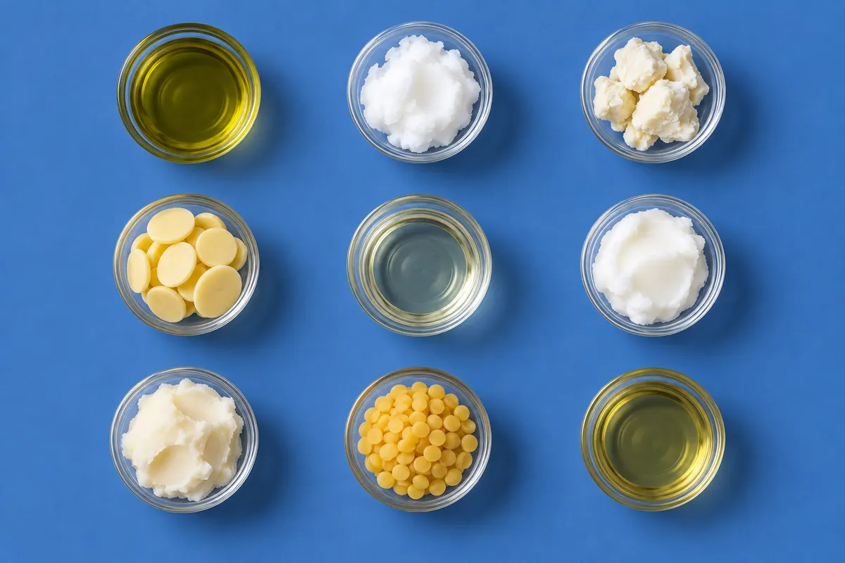 Nine small glass dishes of soapmaking fats seen from above on a cobalt blue backdrop: olive oil, white coconut oil, shea butter, cocoa butter wafers, castor oil, lard, tallow, beeswax pastilles and almond oil