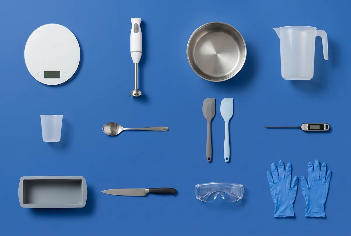 Overhead view of a digital scale, stick blender, steel pot, polypropylene jug, spatulas, probe thermometer, silicone loaf mould, knife, goggles and gloves on a cobalt-blue backdrop
