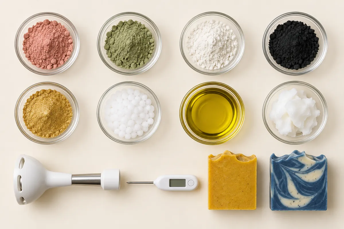 Soapmaking ingredients and tools laid out in a neat grid: clays, oils, lye beads, a stick blender and cut bars