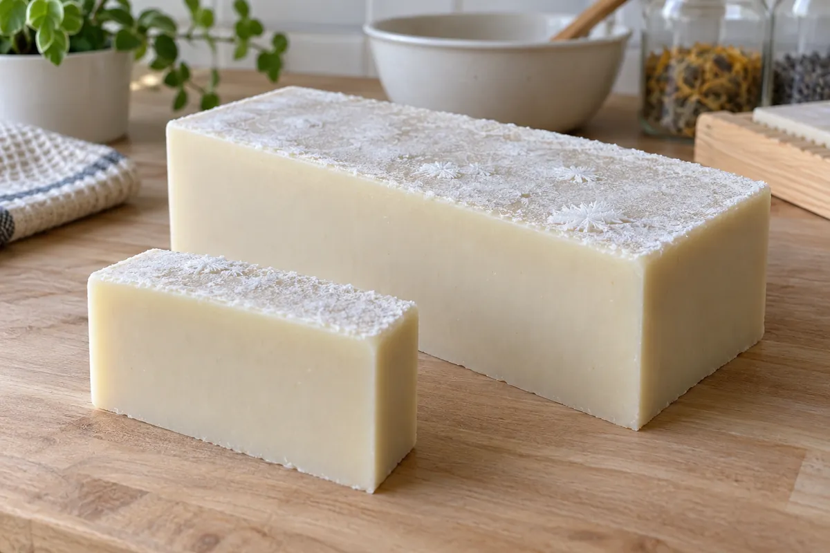 A freshly unmoulded loaf of pale soap with a chalky white film across its top and clean, smooth sides